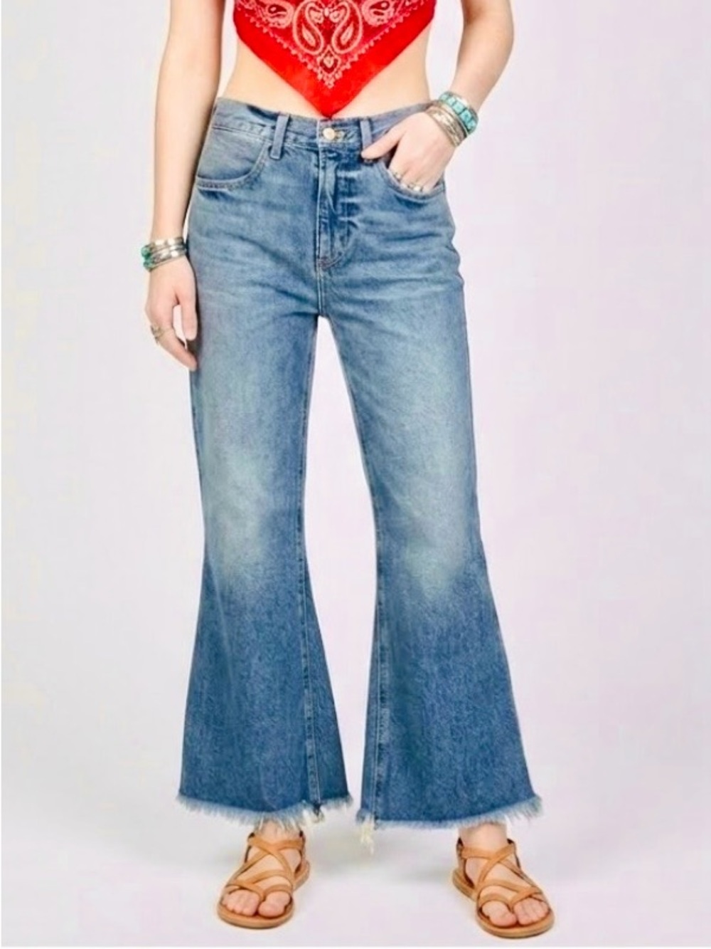 THE GREAT. 70s Flare Crop Kick Bell Jeans Size 27 Low Slung Relaxed Fit Sailor